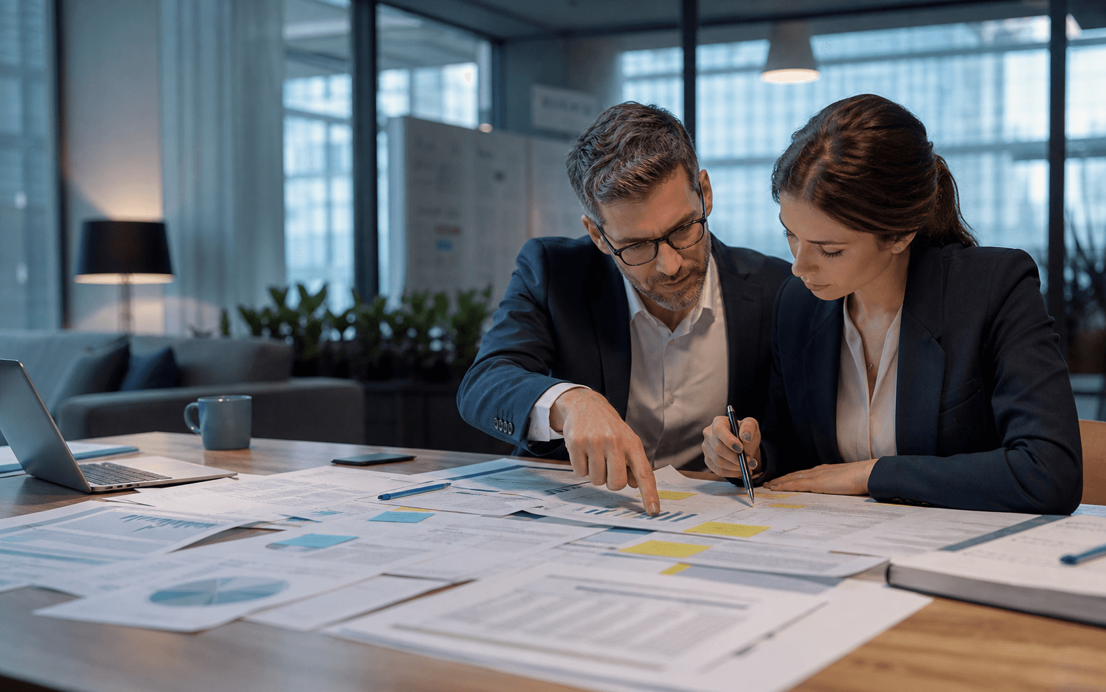 Deux personnes analysant des documents