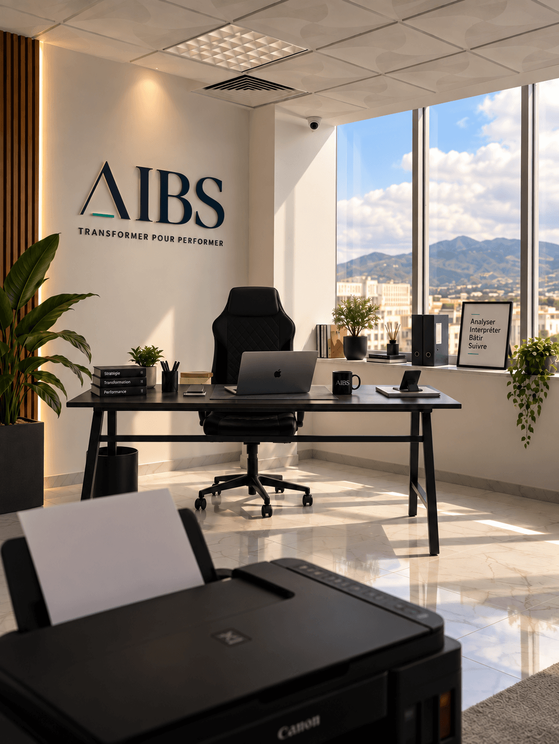 Bureau lumineux avec le logo AIBS et une vue sur les montagnes